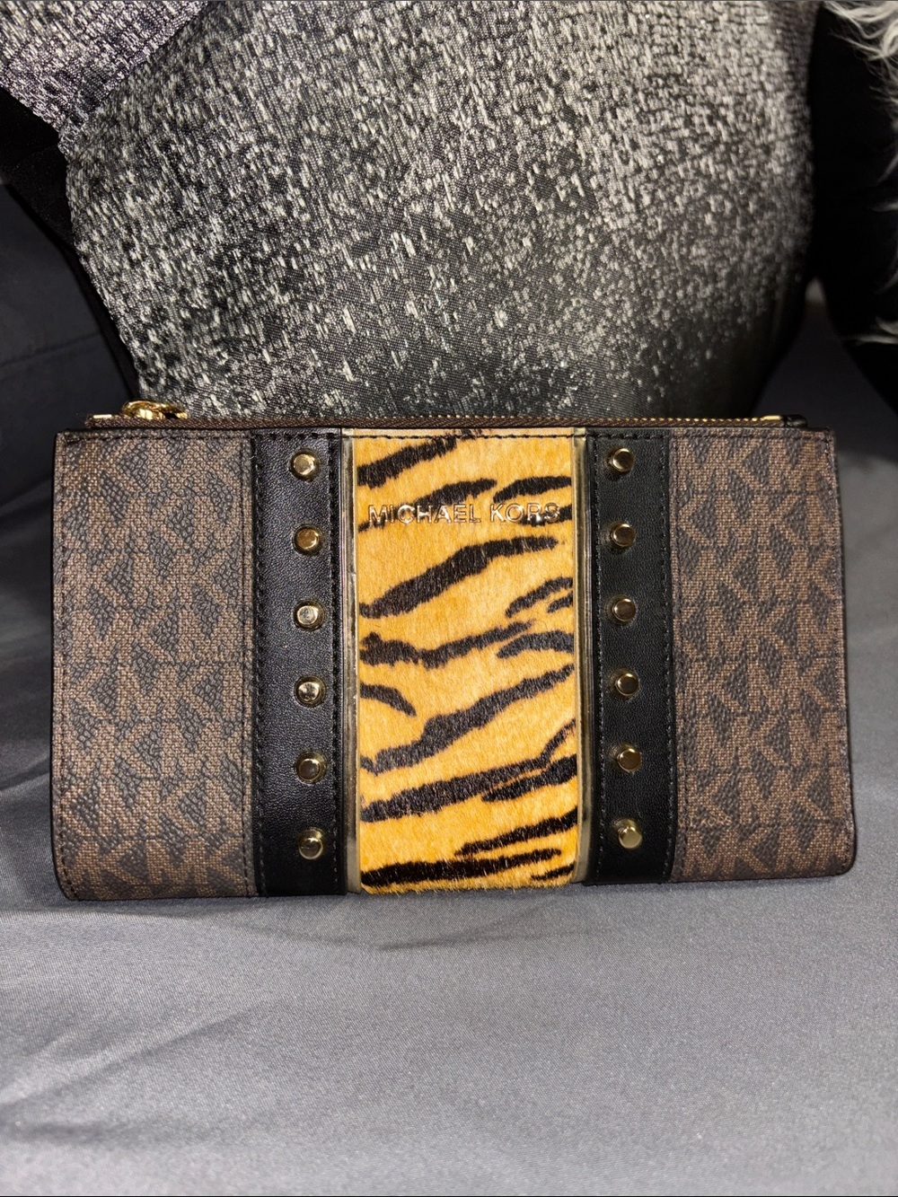 Michael Kors Brown MK Monogram Clutch with Tiger-Print Accent